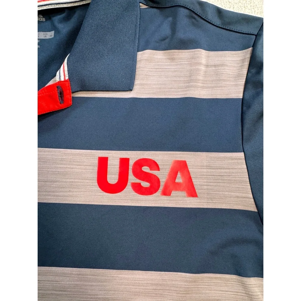 Adidas Golf Polo Shirt Mens Large Blue Gray Striped USA Performance Short Sleeve